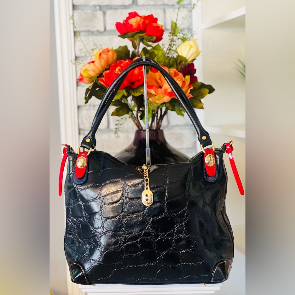 Marino Orlandi Black Croc Embossed Leather Bag